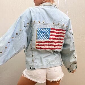 Vintage 1980's USA American Flag Painted Oversized Denim Jacket